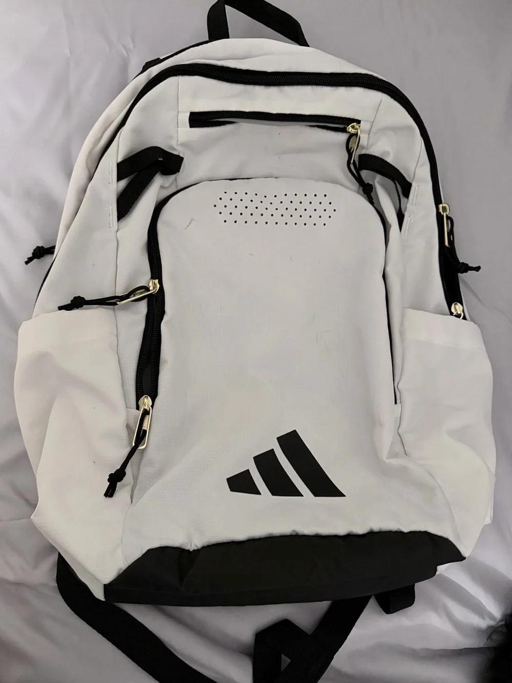 adidas White and Black Logo Men's Backpack with Gold Zippers